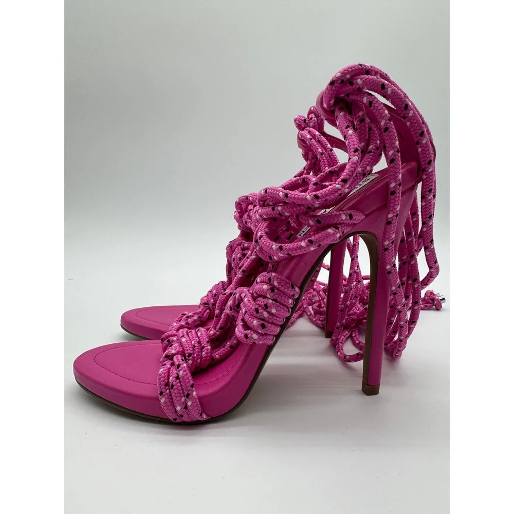 Steve Madden Fiore Pink Rope Lace Up Stiletto Sandals Heels Womens 7M Pink Multi